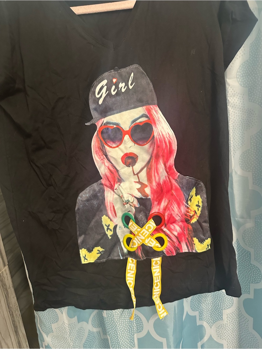 Girl Graphic Lace-Up Womens Tee - Black with Pink Print - Large